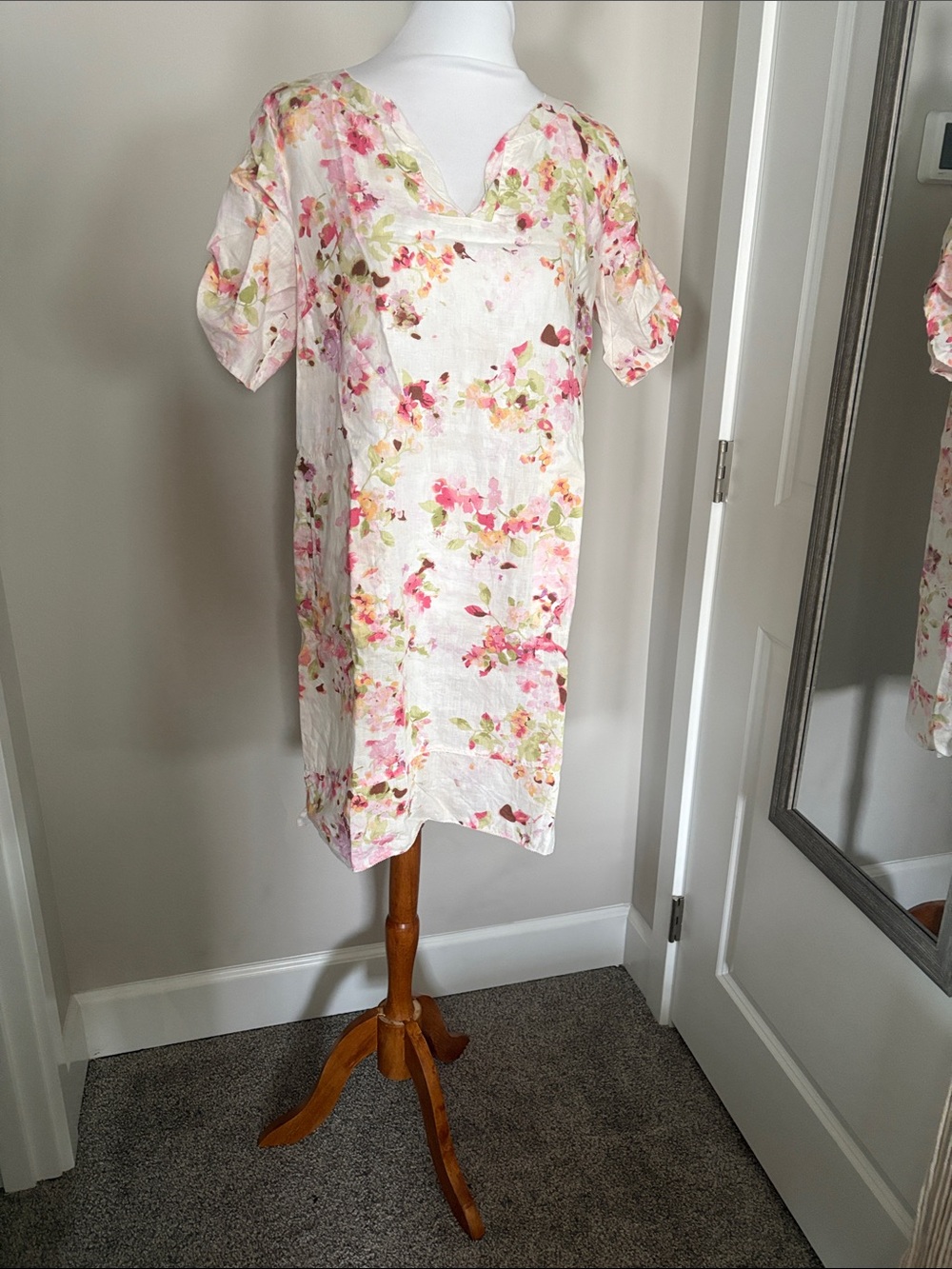J. Jill White Linen-Blend Midi Dress with Pink Floral Print